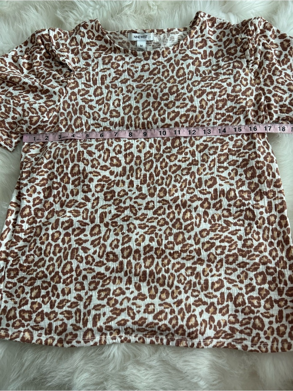 Nine West Brown and Cream Leopard-Print shoulder ruffle Short Sleeve Top - Picture 4 of 7